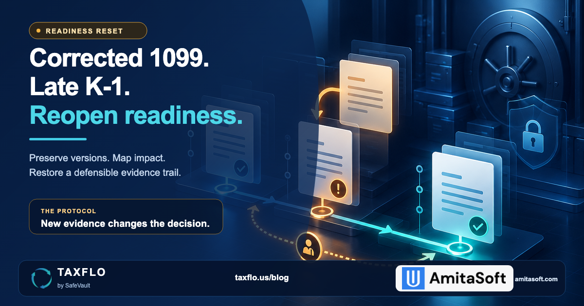 Corrected-document version trail reopening a CPA evidence workflow before verified readiness is restored.